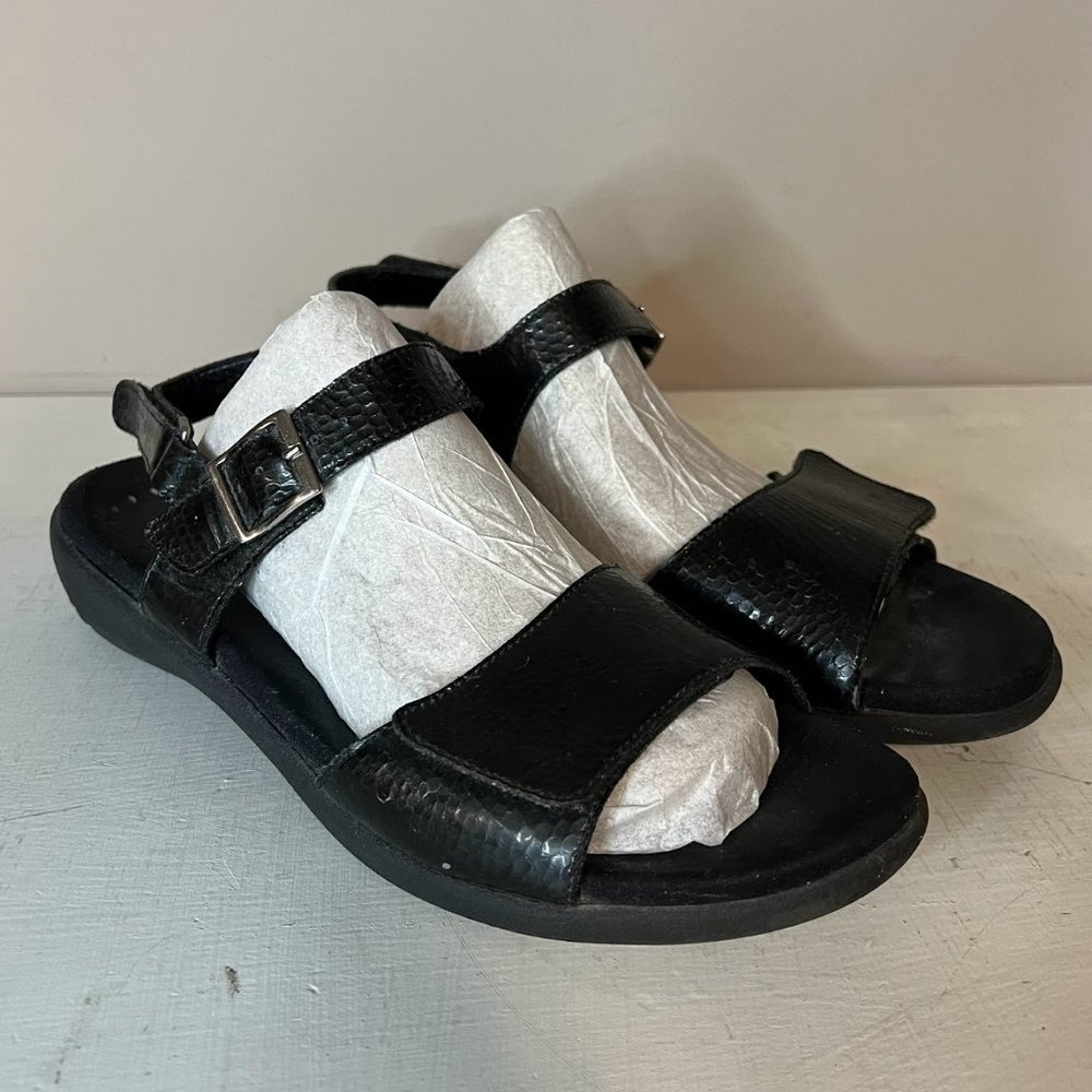 Mephisto Black Patent Leather Strappy Wedge Sandals
